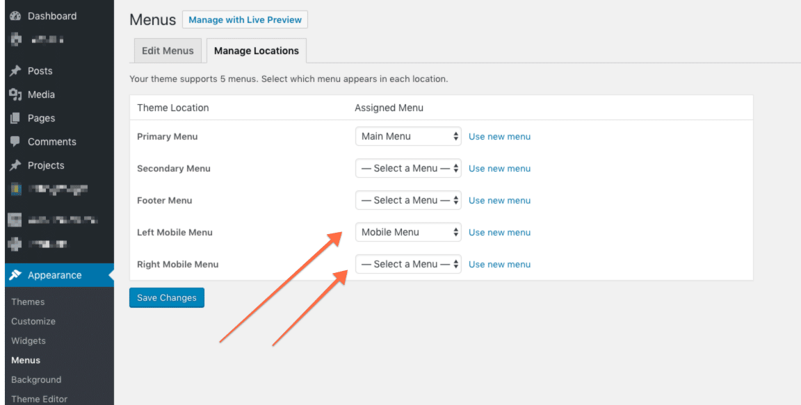 How to assign a WordPress menu to the Left Menu Panel? 2 menu location