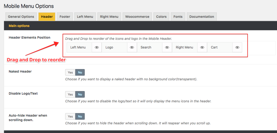 Enable Woocommerce Cart Menu 2 Reorder header menu icons